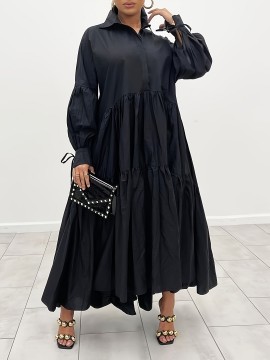 Flattering Plus Size Solid Color Maxi Dress - Refined Collar, Flowy Ruffle Hem, Long Sleeve Design - Perfect for Spring & Fall - Comfortable, Stylish Womens Wear for All Occasions