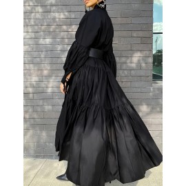 Flattering Plus Size Solid Color Maxi Dress - Refined Collar, Flowy Ruffle Hem, Long Sleeve Design - Perfect for Spring & Fall - Comfortable, Stylish Womens Wear for All Occasions