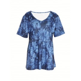 Plus Size Tie Dye Print T-Shirt, Casual V Neck Short Sleeve T-Shirt, Women's Plus Size Clothing