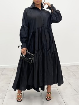 Plus Size Solid Color Collared Maxi Dress - Elegant Ruffle Hem Detailing, Comfortable Long Sleeve Design, Perfect for Casual Occasions - Suitable for Spring and Fall Seasons, Designed for Plus Size Women, Womens Clothing Collection