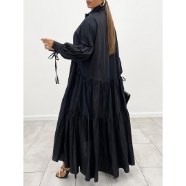 Plus Size Solid Color Collared Maxi Dress - Elegant Ruffle Hem Detailing, Comfortable Long Sleeve Design, Perfect for Casual Occasions - Suitable for Spring and Fall Seasons, Designed for Plus Size Women, Womens Clothing Collection