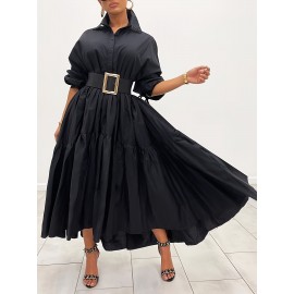 Plus Size Solid Color Collared Maxi Dress - Elegant Ruffle Hem Detailing, Comfortable Long Sleeve Design, Perfect for Casual Occasions - Suitable for Spring and Fall Seasons, Designed for Plus Size Women, Womens Clothing Collection
