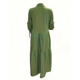 Plus Size Solid Color Collared Dress, Casual Ruffle Hem Long Sleeve Maxi Dress For Spring & Fall, Women's Plus Size Clothing