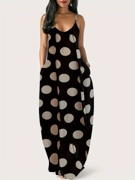 Plus Size Polka Dots Print Tank Dress, Elegant Sleeveless Slant Pockets Strap Dress For Spring & Summer, Women's Plus Size Clothing