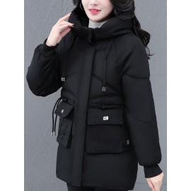 1pc Winter Women'S Casual Hooded Coat, Thickened Cotton Jacket with Zipper, Solid Color Polyester Non-Stretch Regular Length Outerwear
