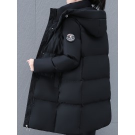 Elegant Plus Size Long Length Hooded Winter Coat with Zipper, 100% Polyester Non-Stretch Casual Style Jacket, Solid Color Warm Padded Outerwear with Regular Sleeves - Winter Collection