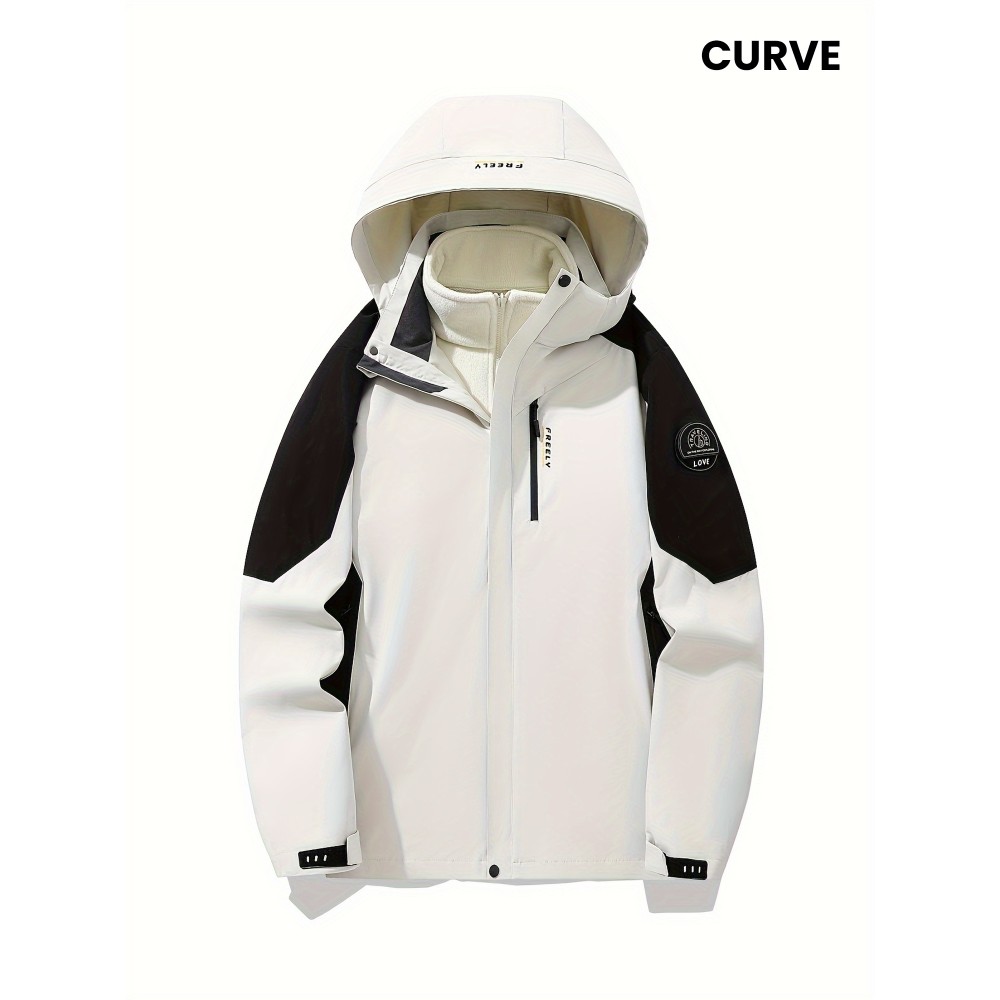 Women's Plus Size Outdoor Sports 3-in-1 Jacket - Hooded Color Block Waterproof Coat For Fall & Winter
