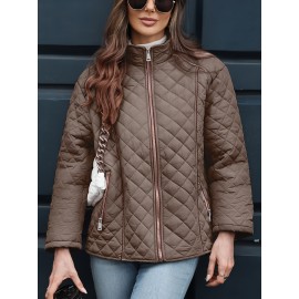 Women's Oversized Polyester Coat, Casual Hug Fit, Small Stand Collar, Long Sleeve, Zipper Closure, Autumn And Winter Warm Coat