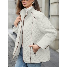 Women's Oversized Polyester Coat, Casual Hug Fit, Small Stand Collar, Long Sleeve, Zipper Closure, Autumn And Winter Warm Coat