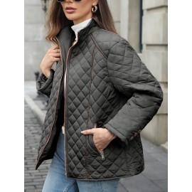 Women's Oversized Polyester Coat, Casual Hug Fit, Small Stand Collar, Long Sleeve, Zipper Closure, Autumn And Winter Warm Coat