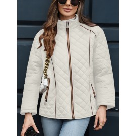 Women's Oversized Polyester Coat, Casual Hug Fit, Small Stand Collar, Long Sleeve, Zipper Closure, Autumn And Winter Warm Coat