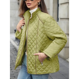 Women's Oversized Polyester Coat, Casual Hug Fit, Small Stand Collar, Long Sleeve, Zipper Closure, Autumn And Winter Warm Coat