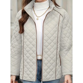 Women's Oversized Polyester Coat, Casual Hug Fit, Small Stand Collar, Long Sleeve, Zipper Closure, Autumn And Winter Warm Coat