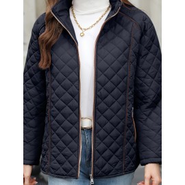 Women's Oversized Polyester Coat, Casual Hug Fit, Small Stand Collar, Long Sleeve, Zipper Closure, Autumn And Winter Warm Coat