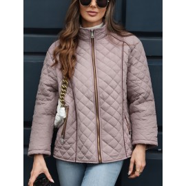 Women's Oversized Polyester Coat, Casual Hug Fit, Small Stand Collar, Long Sleeve, Zipper Closure, Autumn And Winter Warm Coat