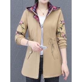 Plus Size Women's Floral Pattern Jacket - Casual Hooded Long Sleeve Outerwear with Zipper Front and Relaxed Fit