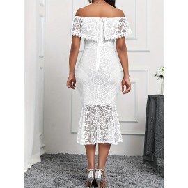 Lace Splicing Of Shoulder Formal Dress, Elegant Mermaid Hem Evening Dress For Party & Banquet, Women's Clothing