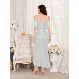 Stunning Sequined Fitted V-Neck Dress - Glamorous Ruffle Trim, Split Hem, Mid-Elastic Polyester Fabric, Elegant Solid Color Design for Wedding, Engagement, Party, and Banquet Occasions