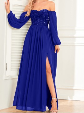 Women's Elegant Long-Sleeved Dress - Solid Color, Multi-Wear, One-Shoulder, High Slit, Tie, Fully Lined, Sequined Chiffon, Perfect for Wedding, Party, Cocktail Events