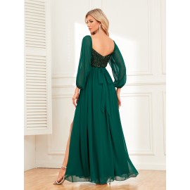 Women's Elegant Long-Sleeved Dress - Solid Color, Multi-Wear, One-Shoulder, High Slit, Tie, Fully Lined, Sequined Chiffon, Perfect for Wedding, Party, Cocktail Events