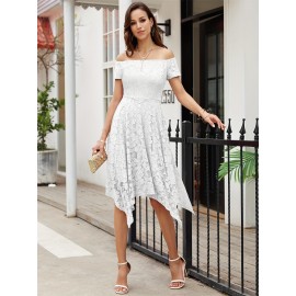 Women's Lace Cocktail Dress Hi-Lo Off Shoulder Bridesmaid Swing Formal Party Dress