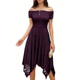 Women's Lace Cocktail Dress Hi-Lo Off Shoulder Bridesmaid Swing Formal Party Dress