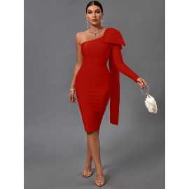 Women's Fashion Sexy Temperament Elegant Tight One Shoulder Long Sleeve Mid-Length Bandage Dress Party Cocktail Evening Dress