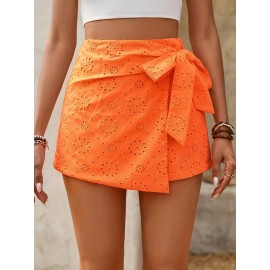 Womens Elegant High Waist Solid Color Eyelet Wrap Tie Skort - Lace Up, Micro Elastic Polyester Fabric, No Printing, Woven, Summer Vacation Style - Comfortable and Chic Short Skort for Women