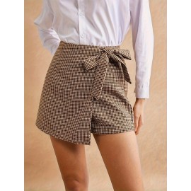 1pc Sexy Houndstooth Print Knotted Side Wrap Shorts, Woven Polyester, Versatile for Spring/Summer/Fall